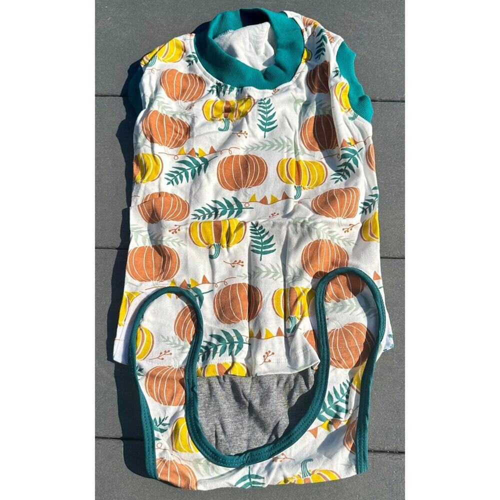 Fall Theme Dog Shirt Large Pumpkin Leaves Orange Yellow White (B1)